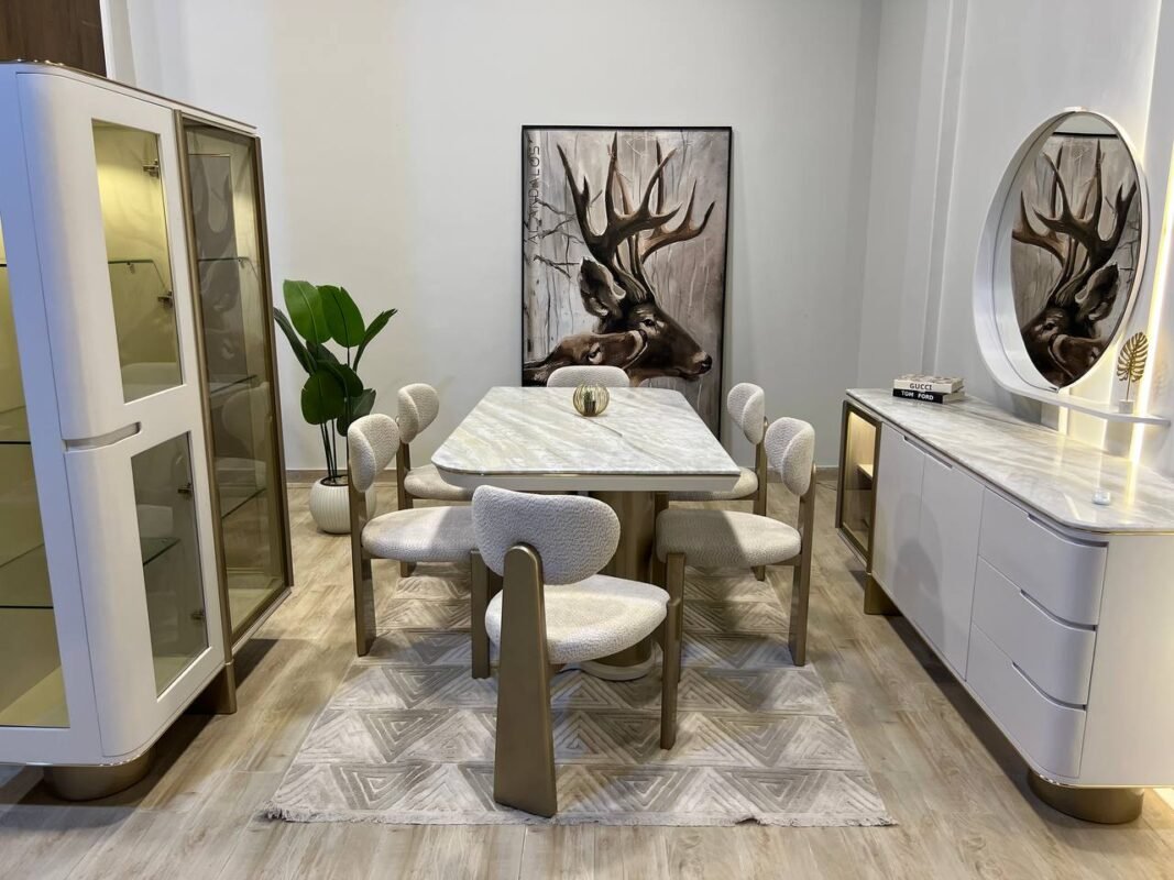 غرفة سفرة موڤيتا | Movita Dining Room رخام إسباني وبوفيه 215 سم فاخر