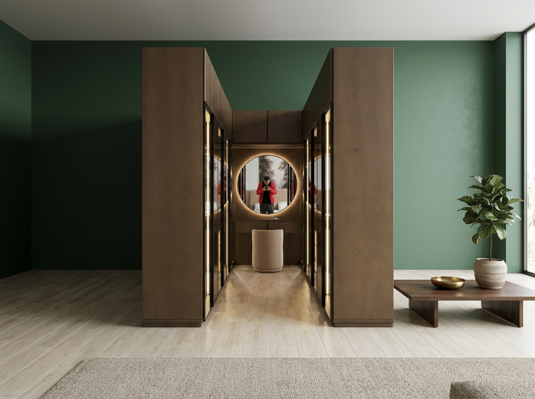 دريسينج Veloura U مودرن بإضاءات LED راقية وقشرة طبيعية مع وحدات تخزين علوية وتصميم U Shape فاخر.