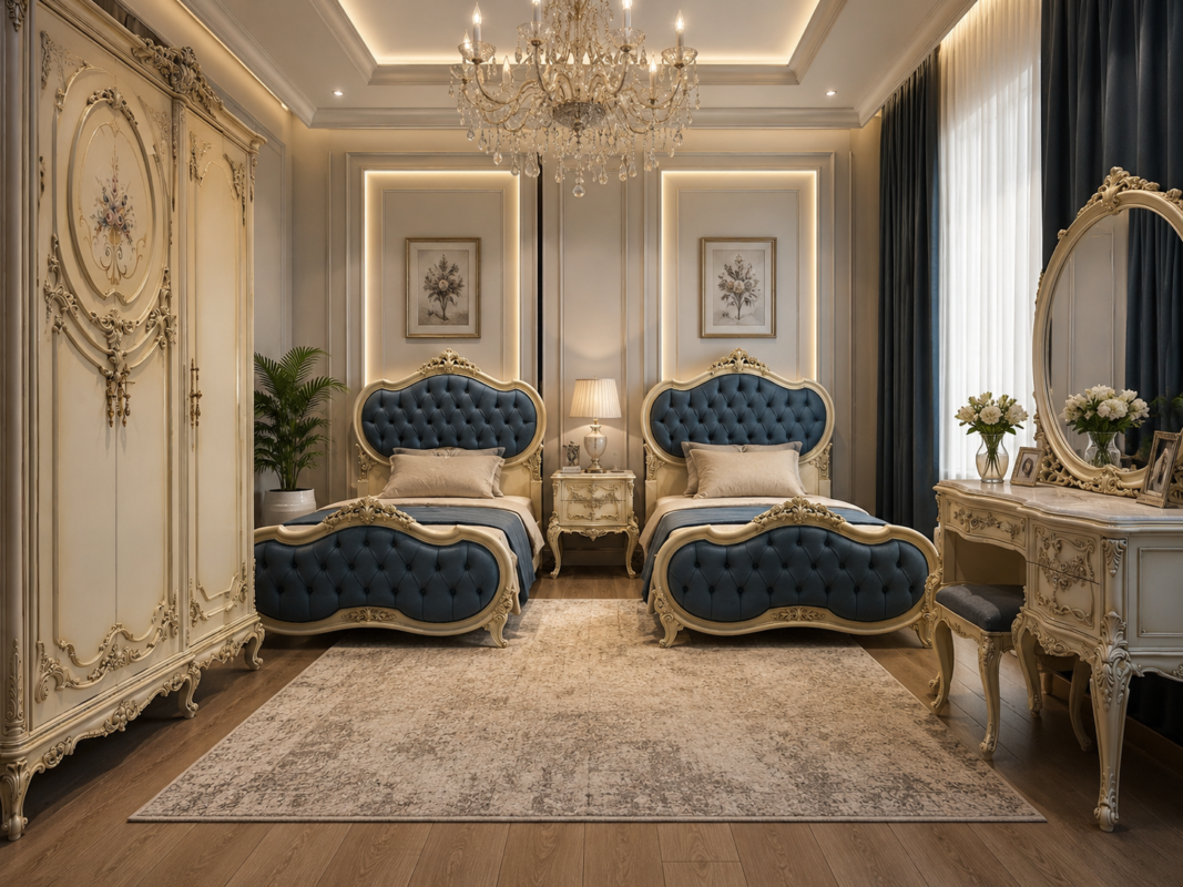 غرفة شباب ميلانو بتصميم نيو كلاسيك إيطالي تضم سريرين 130 سم ودولاب مفصلي وتسريحة ببرواز ديكوري وقشرة خشبية طبيعية.